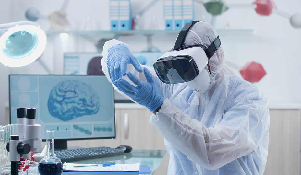 A clinical researcher simulating trials in a VR-based medical research environment